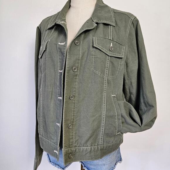 Eddie‎ Bauer Linen Trucker Jacket L Olive Green - Picture 6 of 6